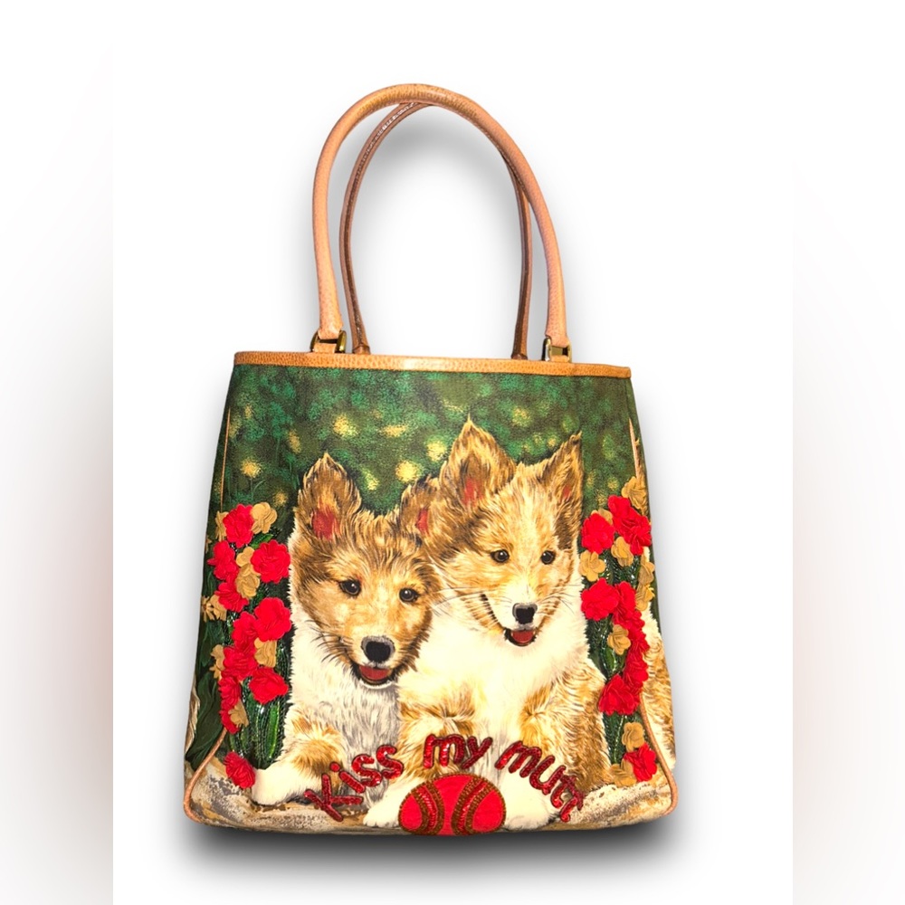 Isabella Fiore • Handbag, Kiss My Mutt, Dog Pattern, Flowers and Sequins, EUC
